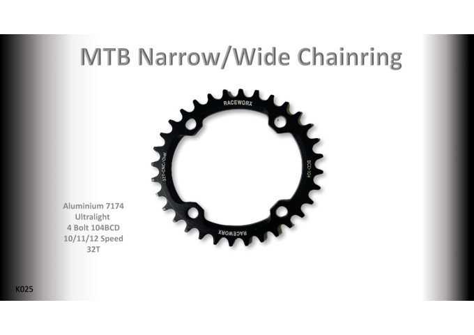 MTB (32T) 104BCD 10/11/12s 4 bolt 1x Oval Black RACEWORX (Narrow/Wide Tooth Design)