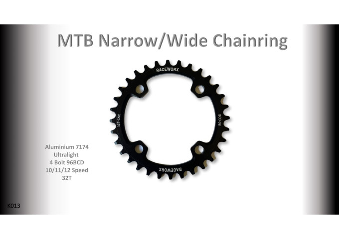 MTB (34T) 96BCD 10/11/12s 4 bolt 1x Round Black RACEWORX (Narrow/Wide Tooth Design)